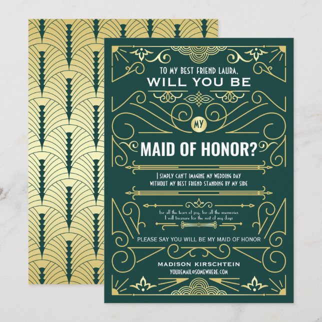 Invitation Art Déco Serez-vous ma femme d'honneur Gold Green (Devant / Derrière)