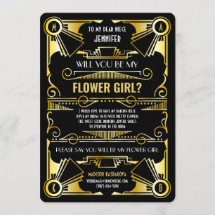 Invitation Art Déco Serez-Vous Ma Fille Fleur Or & Noir