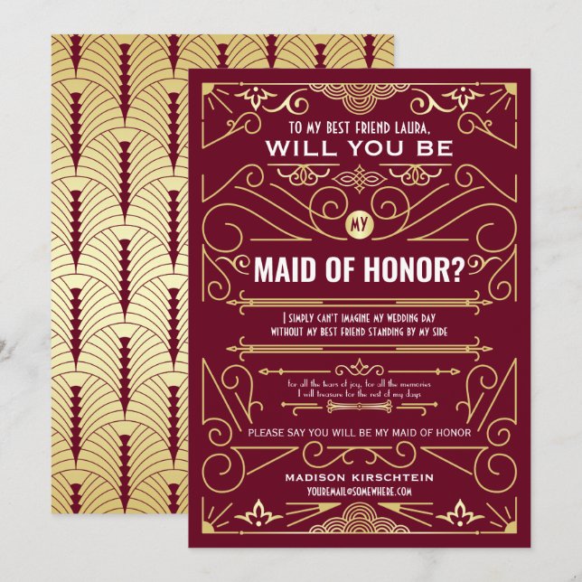 Invitation Art Déco Serez-vous ma servante d'honneur Bourgogn (Devant / Derrière)