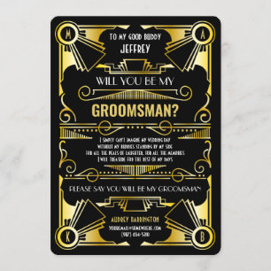 Invitation Art Déco Serez-Vous Mon Groomsman Gold & Black