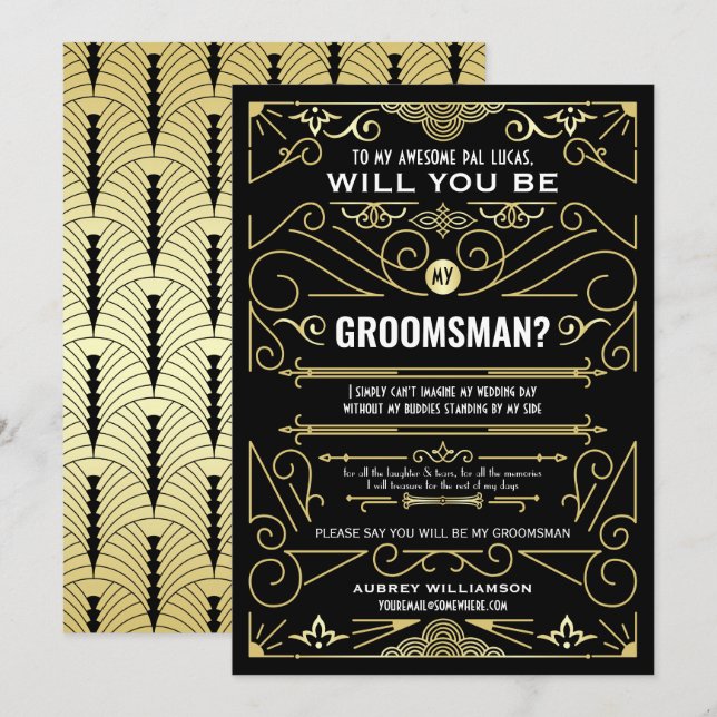 Invitation Art Déco Serez-Vous Mon Groomsman Gold Black (Devant / Derrière)