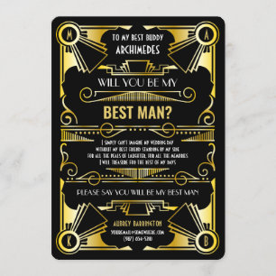 Invitation Art Déco Serez-Vous Mon Meilleur Homme Or & Noir