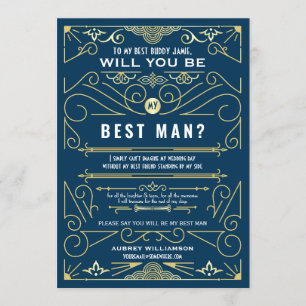 Invitation Art Déco Serez-Vous Mon Meilleur Mariage Gold Blue