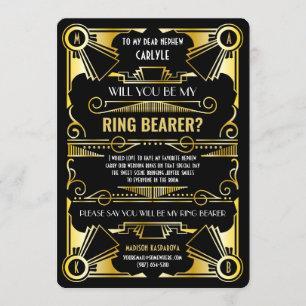 Invitation Art Déco Serez-Vous Mon Porteur De Bague Or & Noir