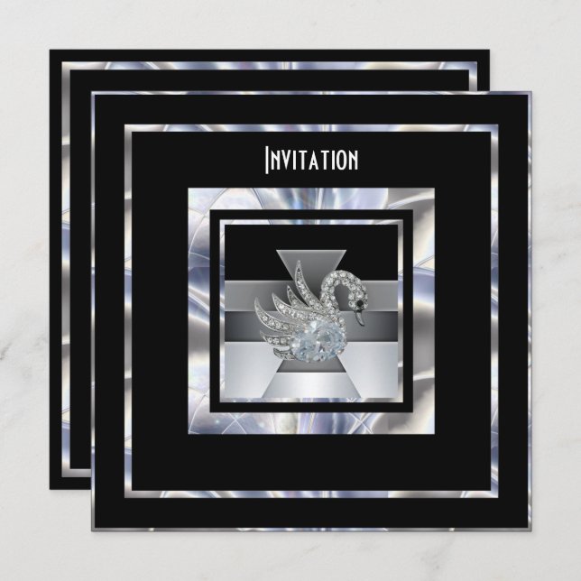 Invitation Art Déco Silver Black Diamond Swan (Devant / Derrière)