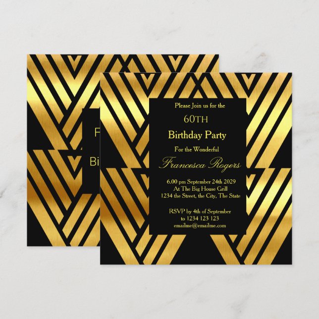 Invitation ART DECO Soixante-dixième anniversaire Soirée d'or (Devant / Derrière)