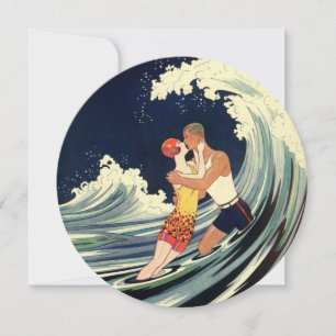 Invitation Art déco vintage, baiser des amoureux à la plage M