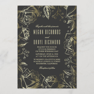 Invitation Art Déco Vintage Floral noir et or Mariage