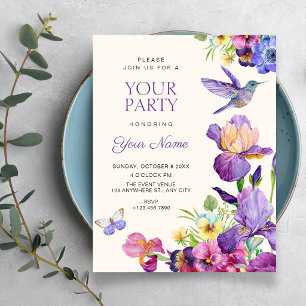 Invitation Art élégant d'oiseau à fleurs violettes