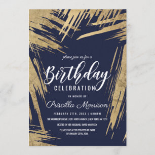 Invitation Art moderne Gold Brushstrokes Navy Blue Chic Anniv