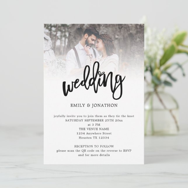 Invitation Art moderne Script Photo QR Code Mariage (Debout devant)