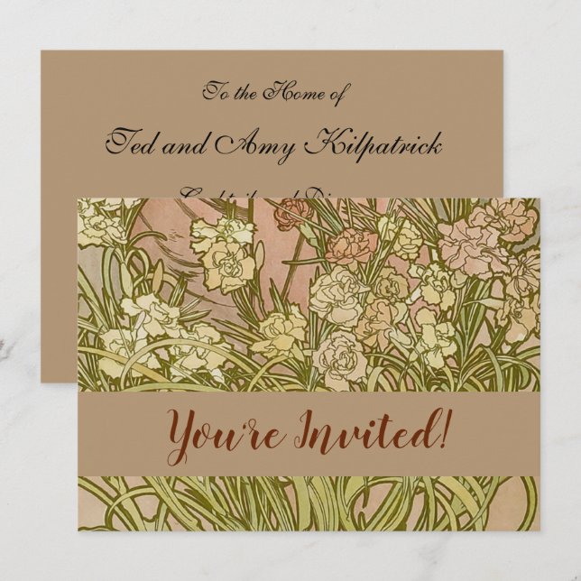 Invitation Art Nouveau Alfonse Mucha fleurs d'oeillets floral (Devant / Derrière)