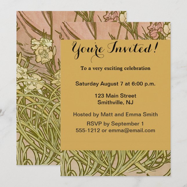 Invitation Art Nouveau Alfonse Mucha fleurs d'oeillets floral (Devant / Derrière)