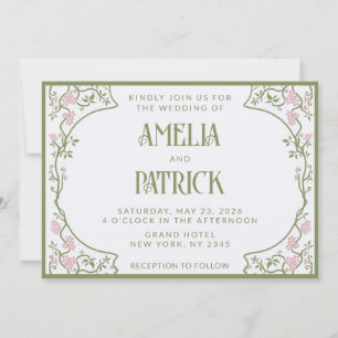 Invitation Art Nouveau Fleurs Mariage Vert et Rose