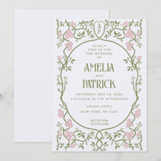 Invitation Art Nouveau Floral Vert et rose Mariage