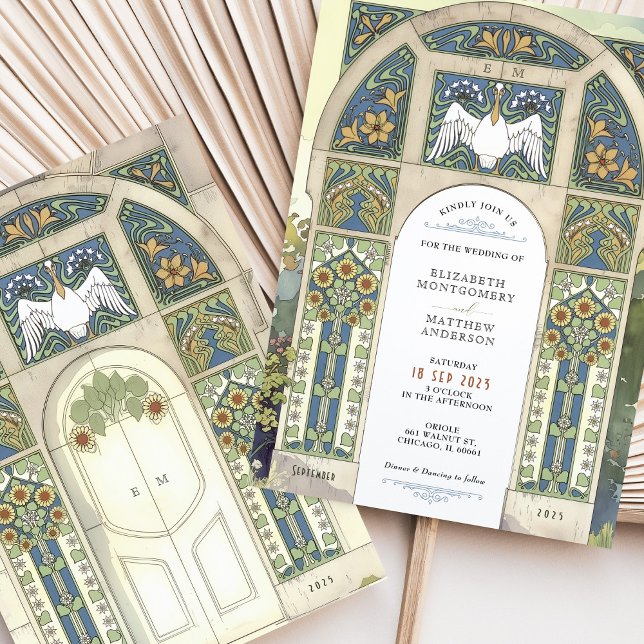 Invitation Art Nouveau Mariage Bleu, Or, Arc Vert (Créateur téléchargé)
