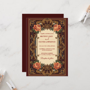 Invitation Art Nouveau Mucha vintage bordeaux Fleurs Mariage