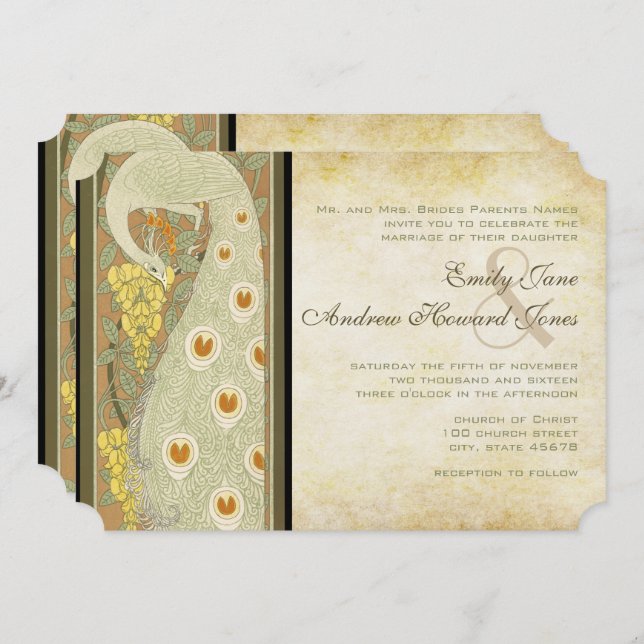 Invitation Art Nouveau Peacock Inséparables Mariage (Devant / Derrière)
