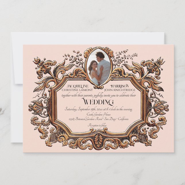 Invitation Art Nouveau Rococo Elégant Mariage photo rose or (Devant)