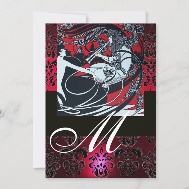 INVITATION ART NOUVEAU ROUGE NOIR BLANC DAMASSÉ MONOGRAMME, R (Devant)