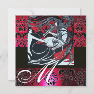 Invitation ART NOUVEAU ROUGE NOIR BLANC DOMMASQUE MONOGRAM, r