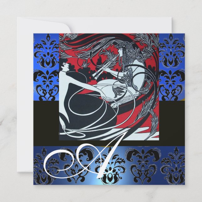 INVITATION ART NOUVEAU ROUGE NOIR BLEU BLANC DAMASSÉ MONOGRAM (Devant)
