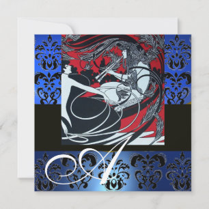 INVITATION ART NOUVEAU ROUGE NOIR BLEU BLANC DAMASSÉ MONOGRAM