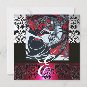 INVITATION ART NOUVEAU ROUGE NOIR GRIS ARGENT DAMASSÉ MONOGRA