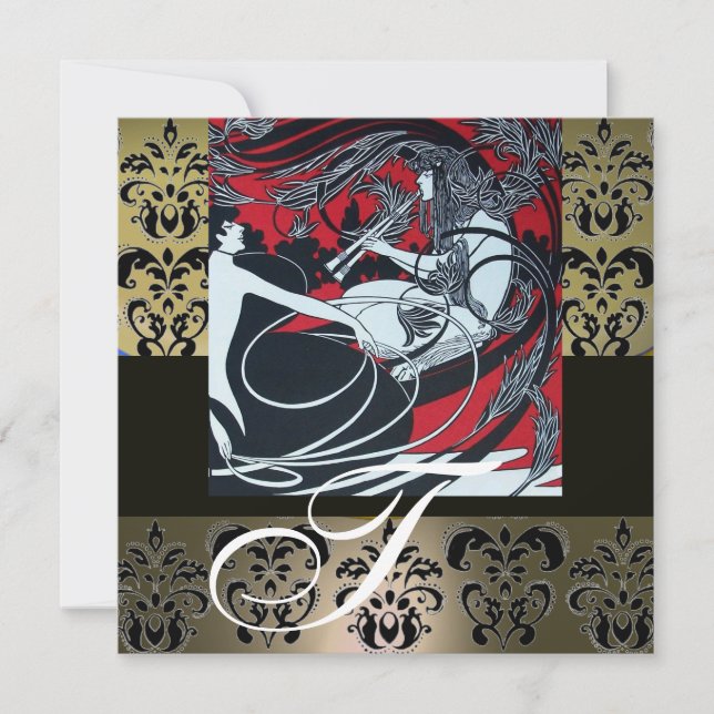INVITATION ART NOUVEAU ROUGE NOIR GRIS BLANC DAMASSÉ MONOGRAM (Devant)