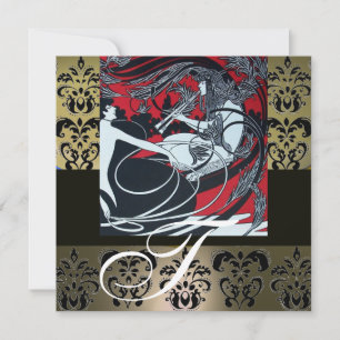 INVITATION ART NOUVEAU ROUGE NOIR GRIS BLANC DAMASSÉ MONOGRAM
