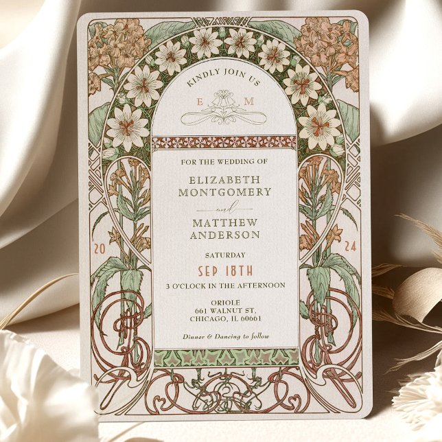 Invitation Art Nouveau Sepia & Cream Floral Mariage (Créateur téléchargé)