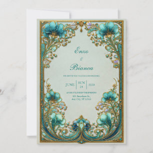 Invitation Art Nouveau Turquoise Floral Gilded Mariage