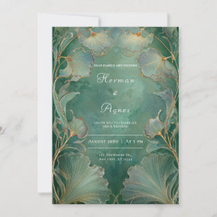 Invitation Art Nouveau Vert Émeraude Or Feuille de Ginkgo Mar