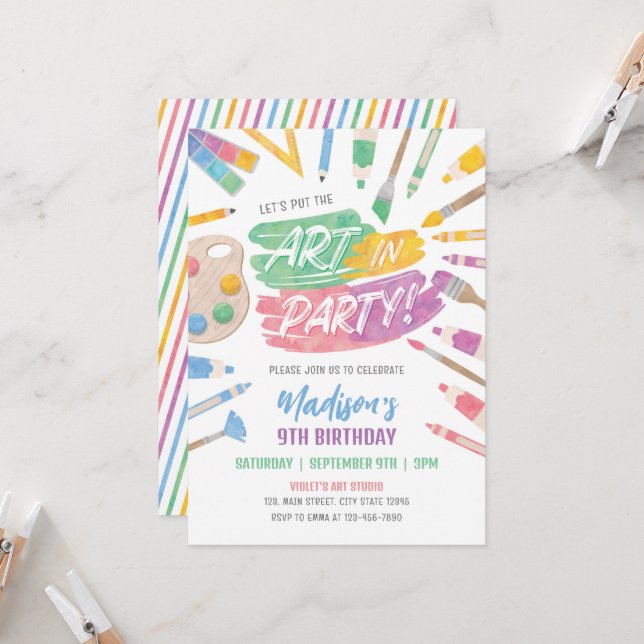 Invitation Art Party Anniversaire Invitation, Art Painting Pa (Devant/Arrière en situation)