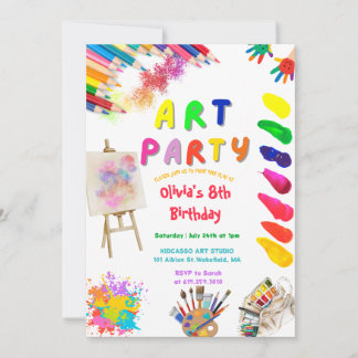 Invitation Art Party Birthday Colorful Rainbow Paint