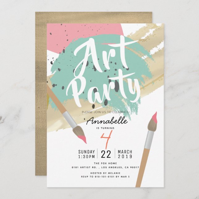 Invitation Art Party moderne design GIrl Anniversaire (Devant / Derrière)