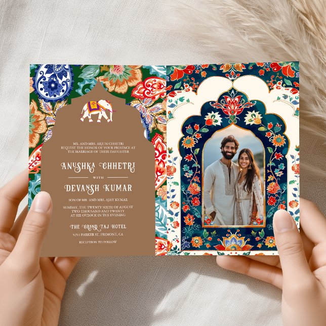 Invitation Art populaire indien Elephant Mariage beige (Créateur téléchargé)