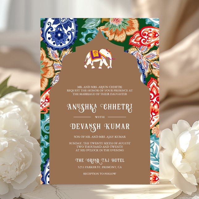 Invitation Art populaire indien Elephant Mariage beige (Créateur téléchargé)