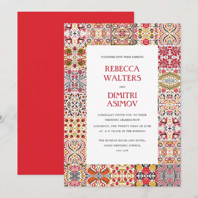 Invitation Art populaire russe Khokhloma Mariage frontalier (Devant / Derrière)