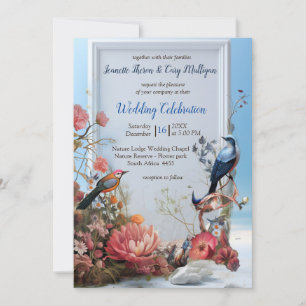 Invitation Art surréaliste avec fleurs et oiseaux