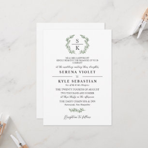 Invitation Artichoke Green Laurel Wreath Monogram Mariage