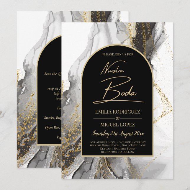 Invitation Artículo de boda negro y dorado, bilingüe (Devant / Derrière)