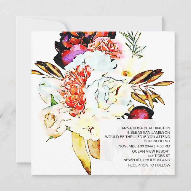 Invitation *~* Artistic AR15 QR RSVP MARIAGE floral Bourgogne (Devant)