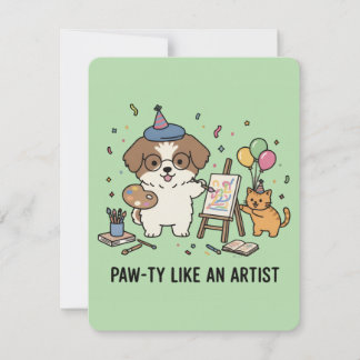 Invitation Artistic Dog Cat Festive Celebration Green Invite