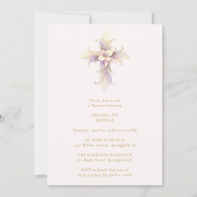 Invitation Artistic Lilac Floral Christian Cross Baptism (Devant)