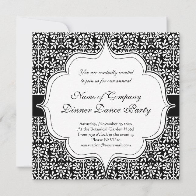 Invitation Arts et artisanat Élégant Floral noir et blanc (Devant)