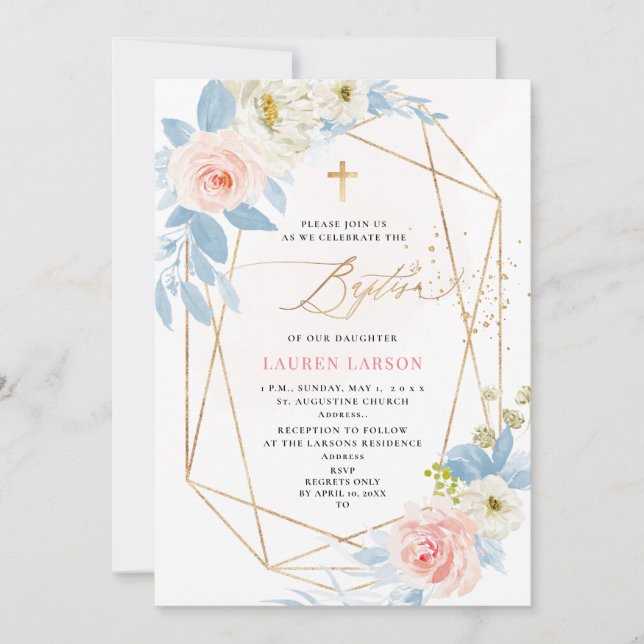 Invitation ArtsApp Élégant H2 rose pâle Roses Baptême (Devant)