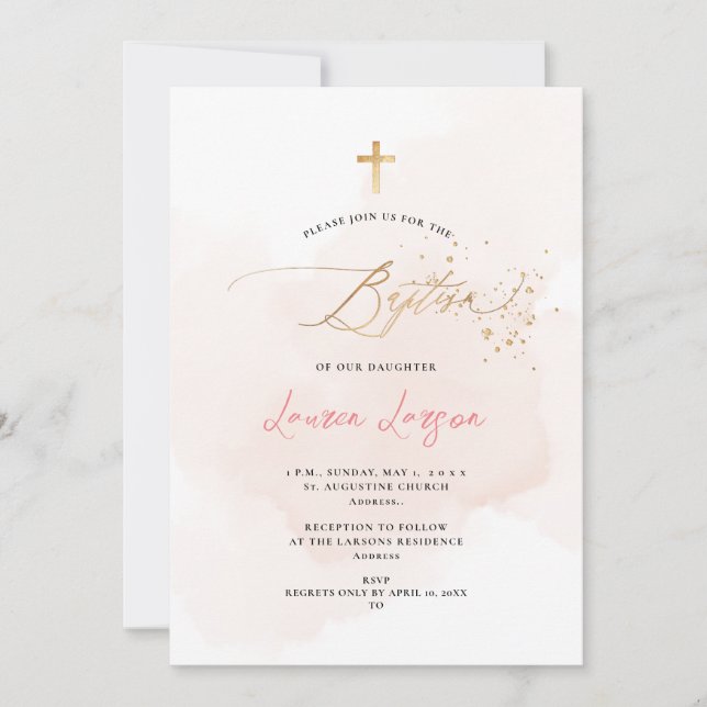 Invitation ArtsApp Élégant H2 Washed Pale Rose Baptême (Devant)