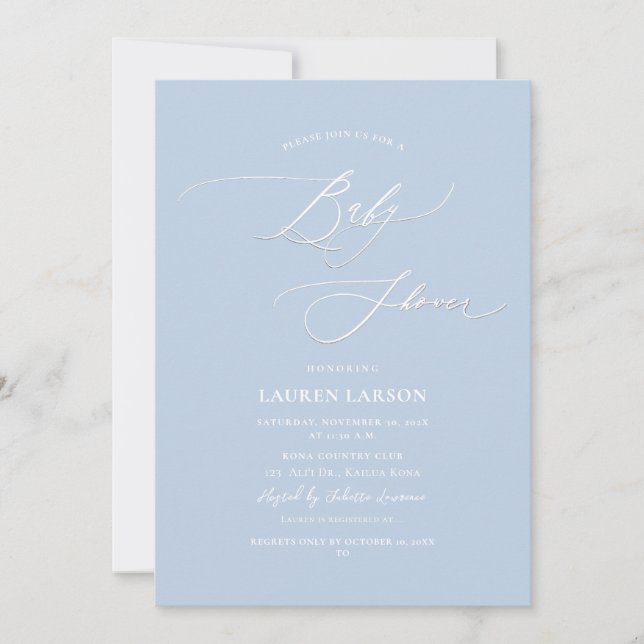 Invitation ArtsApp élégante calligraphie Baby shower Bleu béb (Devant)