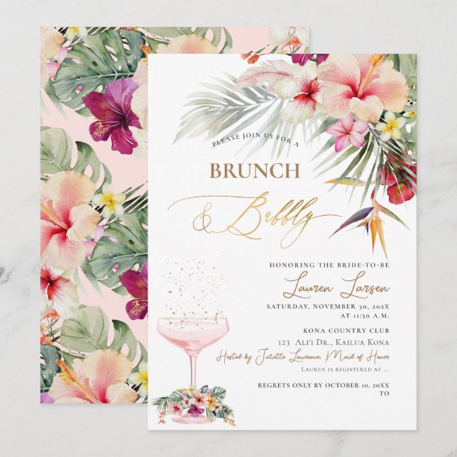 Invitation ArtsApp Tropical Paradise Faux Gold Brunch+Bubbly (Devant / Derrière)